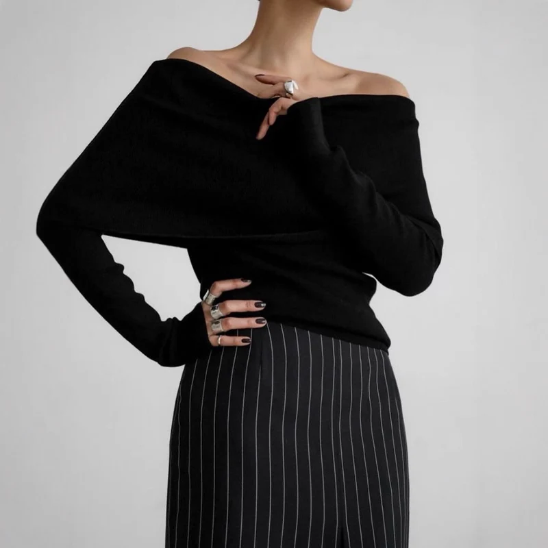 Damen schulterfreier Feinstrick-Pullover mit umlegbarem Carmenkragen Drune