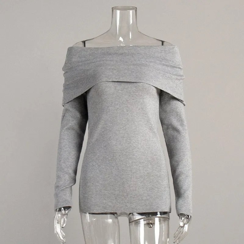 Damen schulterfreier Feinstrick-Pullover mit umlegbarem Carmenkragen Drune