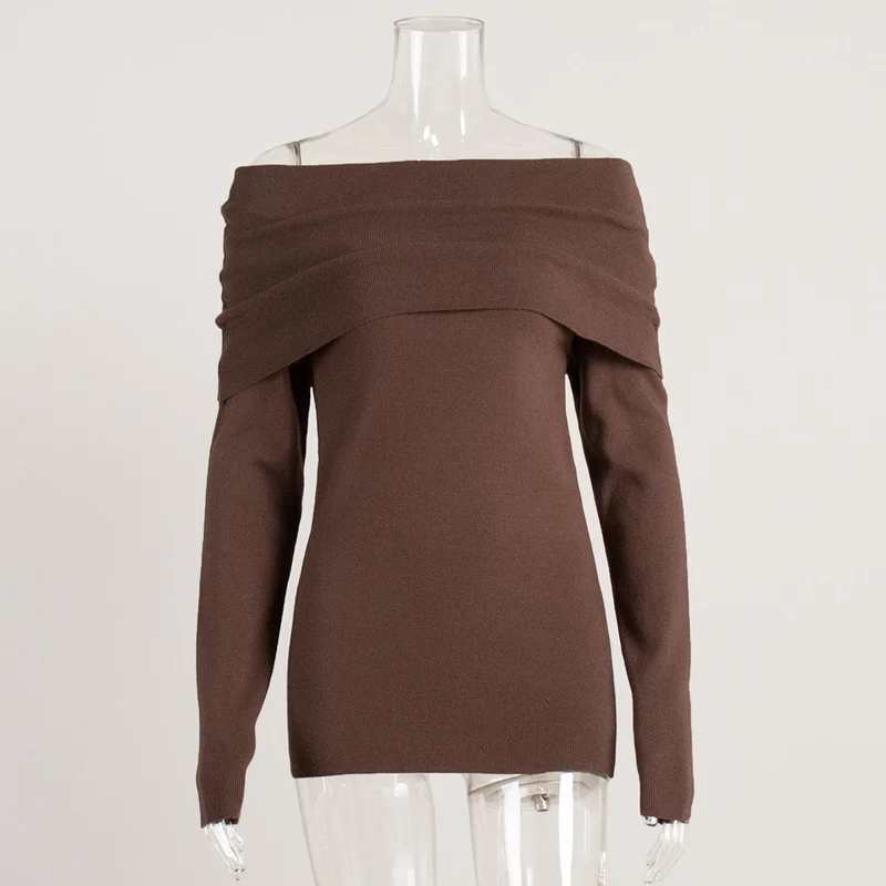 Damen schulterfreier Feinstrick-Pullover mit umlegbarem Carmenkragen Drune