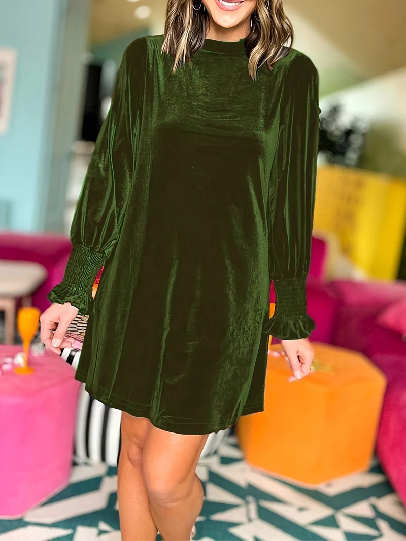 Damen Samt-Minikleid mit Stehkragen und gerafften Smokärmeln Drune