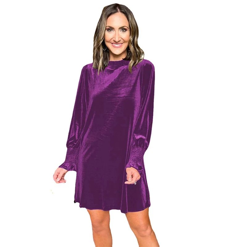 Damen Samt-Minikleid mit Stehkragen und gerafften Smokärmeln Drune