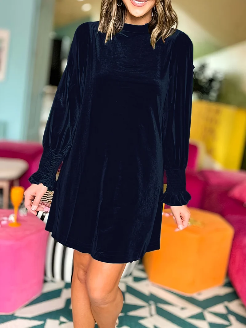 Damen Samt-Minikleid mit Stehkragen und gerafften Smokärmeln Drune