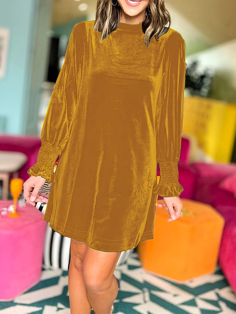 Damen Samt-Minikleid mit Stehkragen und gerafften Smokärmeln Drune