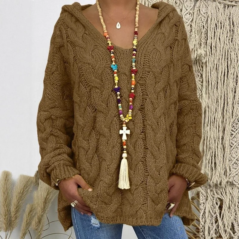 Damen Oversized Zopfmuster-Strickpullover mit Kapuze und lässigem V‑Ausschnitt Drune