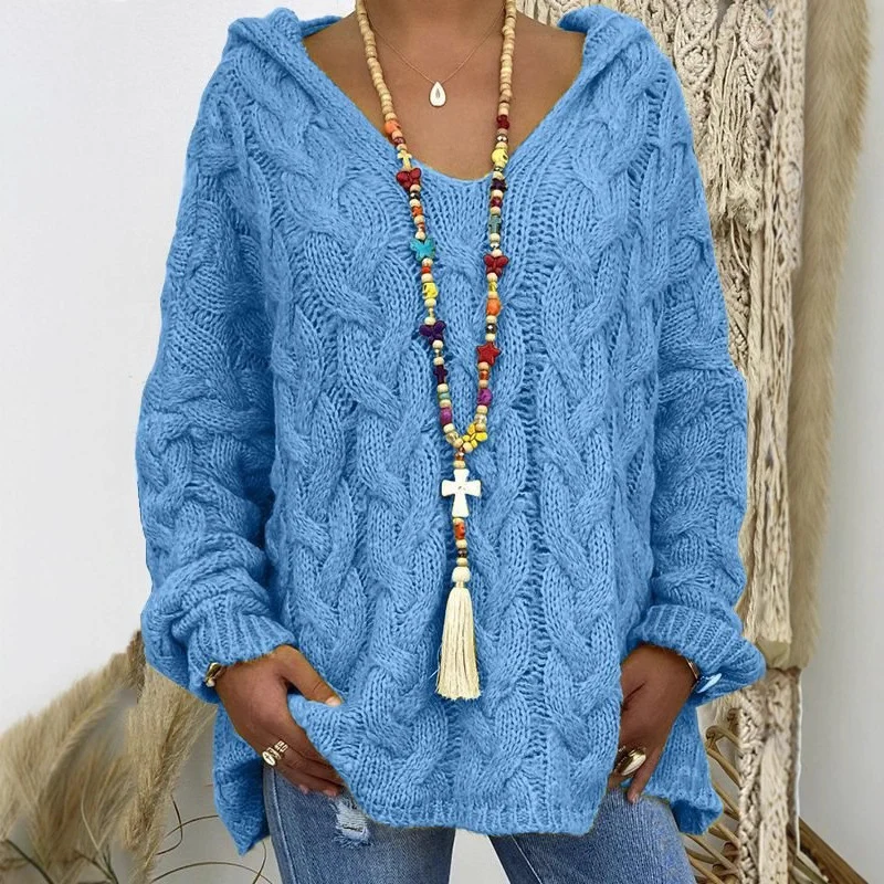 Damen Oversized Zopfmuster-Strickpullover mit Kapuze und lässigem V‑Ausschnitt Drune
