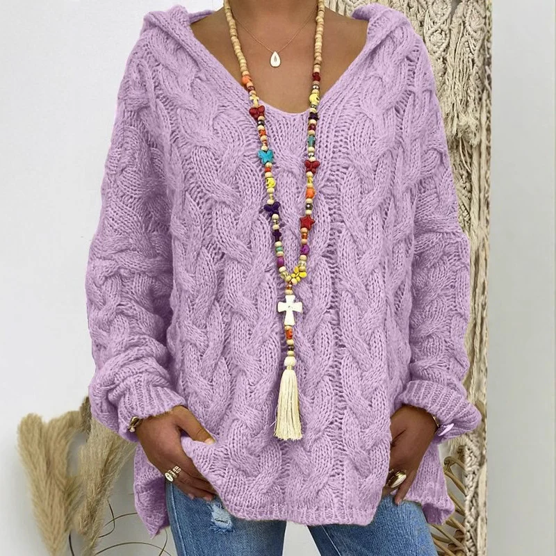 Damen Oversized Zopfmuster-Strickpullover mit Kapuze und lässigem V‑Ausschnitt Drune