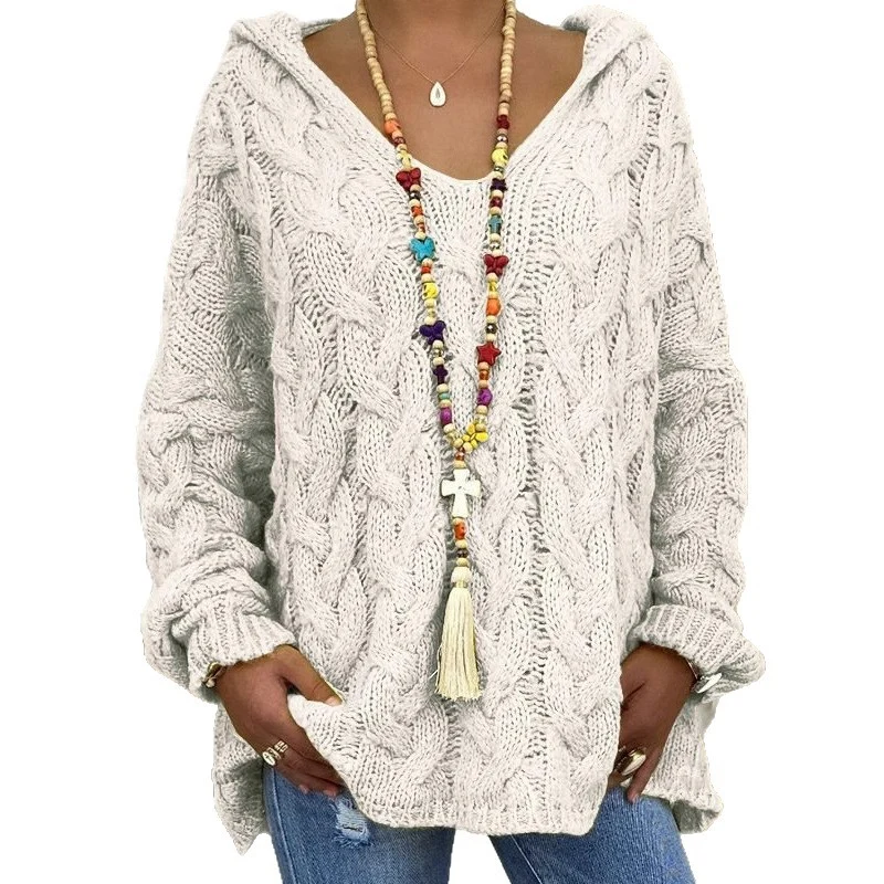 Damen Oversized Zopfmuster-Strickpullover mit Kapuze und lässigem V‑Ausschnitt Drune