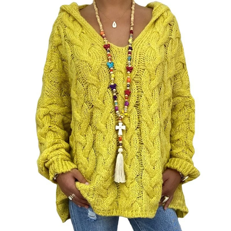 Damen Oversized Zopfmuster-Strickpullover mit Kapuze und lässigem V‑Ausschnitt Drune