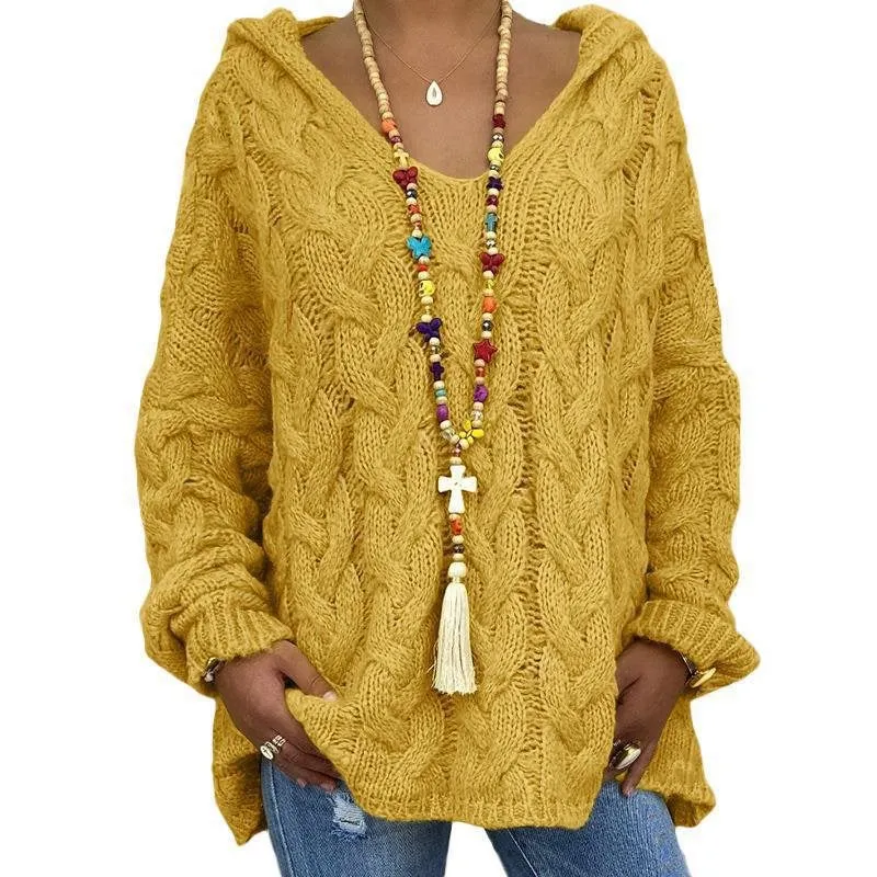 Damen Oversized Zopfmuster-Strickpullover mit Kapuze und lässigem V‑Ausschnitt Drune