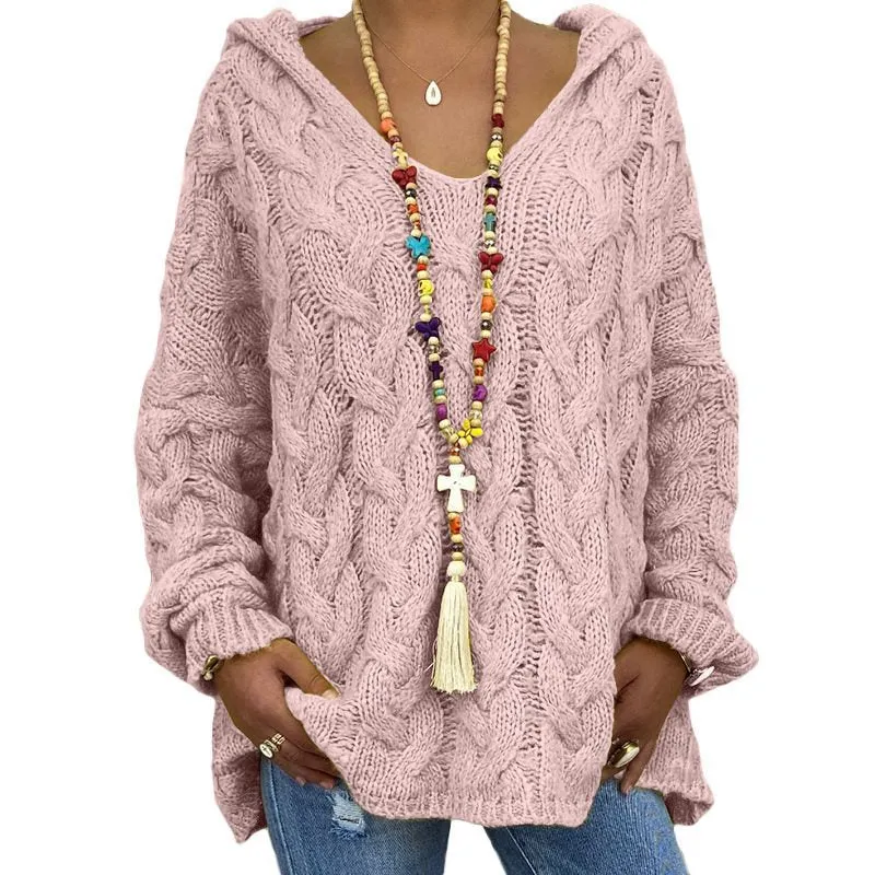 Damen Oversized Zopfmuster-Strickpullover mit Kapuze und lässigem V‑Ausschnitt Drune