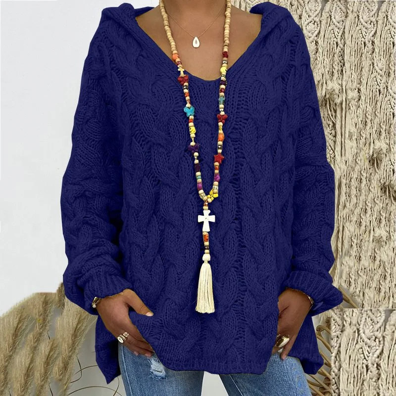 Damen Oversized Zopfmuster-Strickpullover mit Kapuze und lässigem V‑Ausschnitt Drune