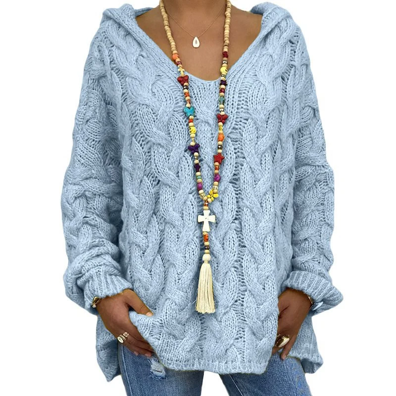 Damen Oversized Zopfmuster-Strickpullover mit Kapuze und lässigem V‑Ausschnitt Drune