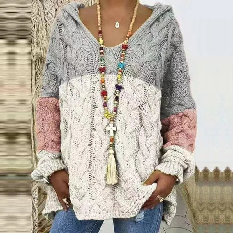 Damen Oversized Zopfmuster-Strickpullover mit Kapuze und lässigem V‑Ausschnitt Drune