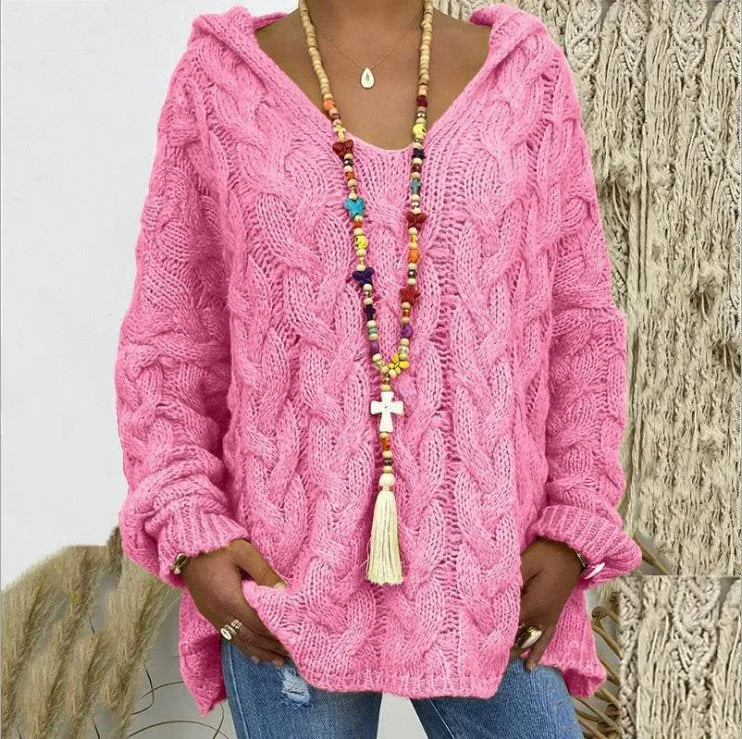Damen Oversized Zopfmuster-Strickpullover mit Kapuze und lässigem V‑Ausschnitt Drune