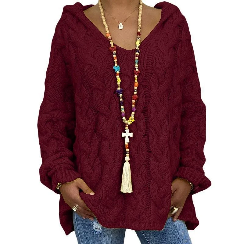 Damen Oversized Zopfmuster-Strickpullover mit Kapuze und lässigem V‑Ausschnitt Drune