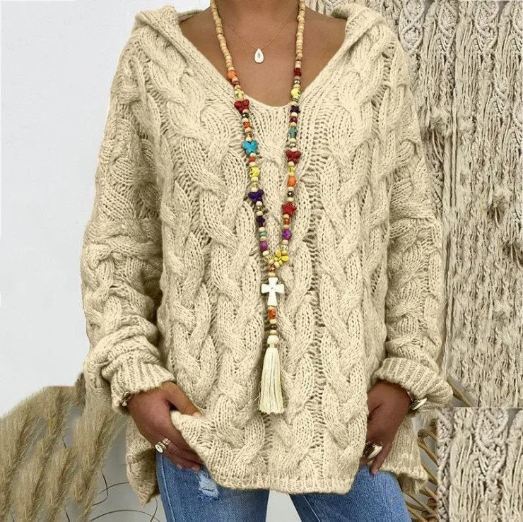 Damen Oversized Zopfmuster-Strickpullover mit Kapuze und lässigem V‑Ausschnitt Drune