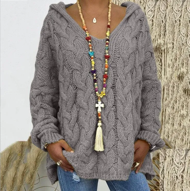 Damen Oversized Zopfmuster-Strickpullover mit Kapuze und lässigem V‑Ausschnitt Drune