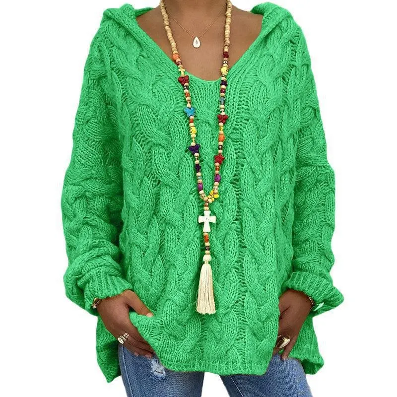 Damen Oversized Zopfmuster-Strickpullover mit Kapuze und lässigem V‑Ausschnitt Drune