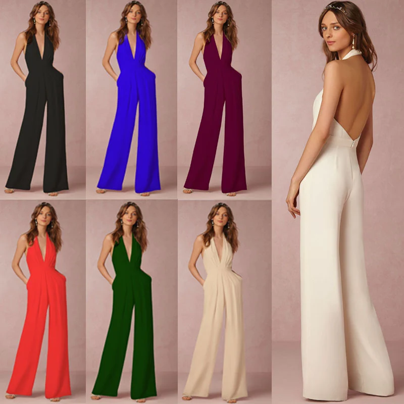Damen Jumpsuit mit tiefem V-Ausschnitt und weiten Beinen Drune