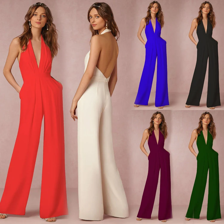 Damen Jumpsuit mit tiefem V-Ausschnitt und weiten Beinen Drune
