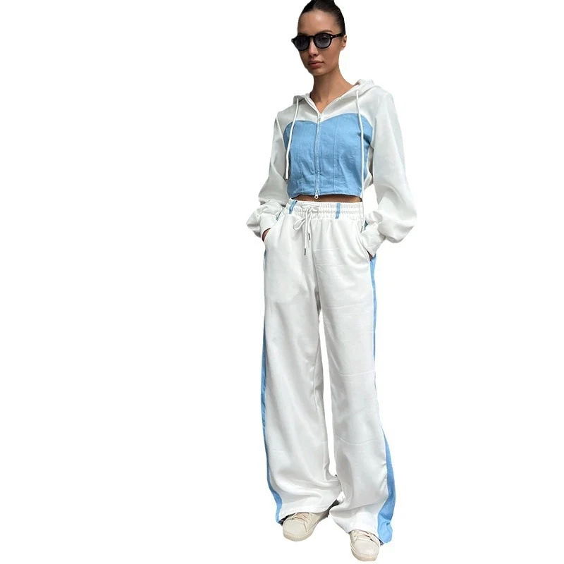 Damen zweifarbiger Cropped-Zip-Hoodie mit Tunnelzug und weiter High-Waist Palazzo-Jogginghose Drune
