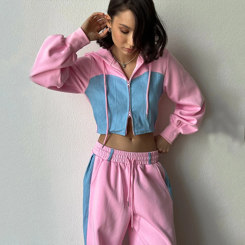 Damen zweifarbiger Cropped-Zip-Hoodie mit Tunnelzug und weiter High-Waist Palazzo-Jogginghose Drune