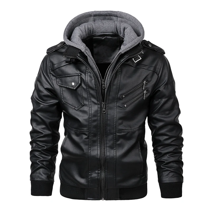 Herren Sportliche Lederjacke mit abnehmbarer Kapuze Drune
