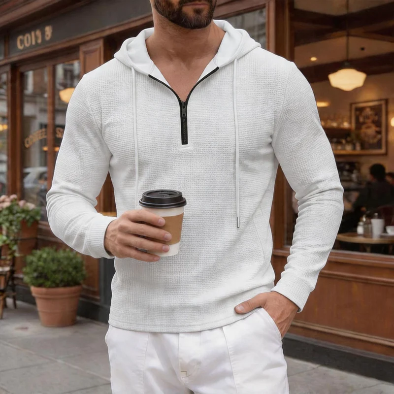 Herren texturierter Halbzip-Kapuzenpullover in Slim Fit Drune