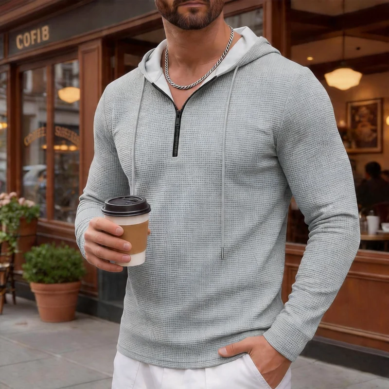 Herren texturierter Halbzip-Kapuzenpullover in Slim Fit Drune