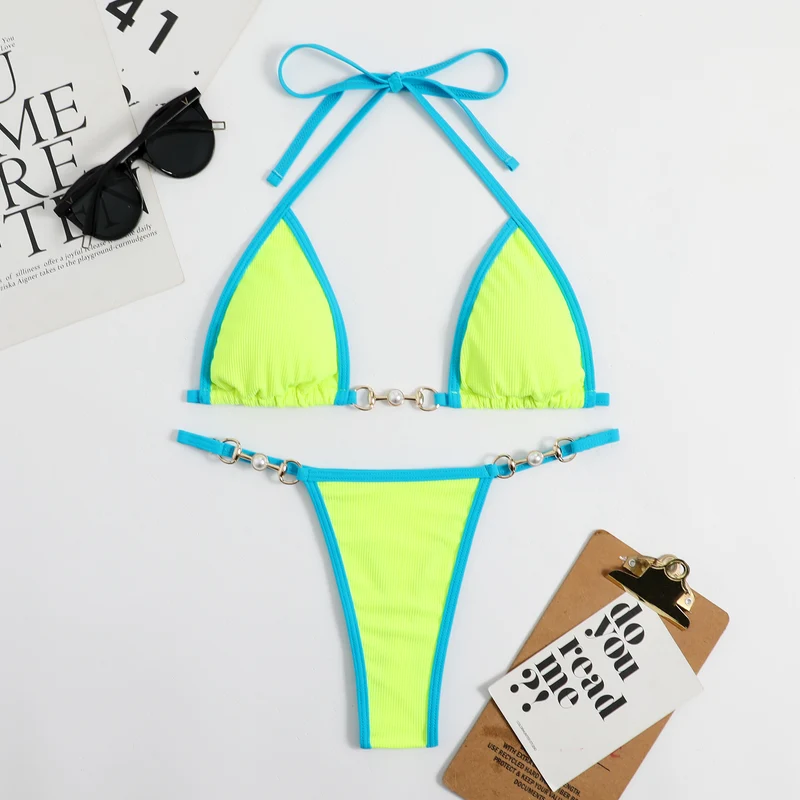 Damen Triangel-Bikini mit modischem Rippdesign und dekorativen Elementen Drune