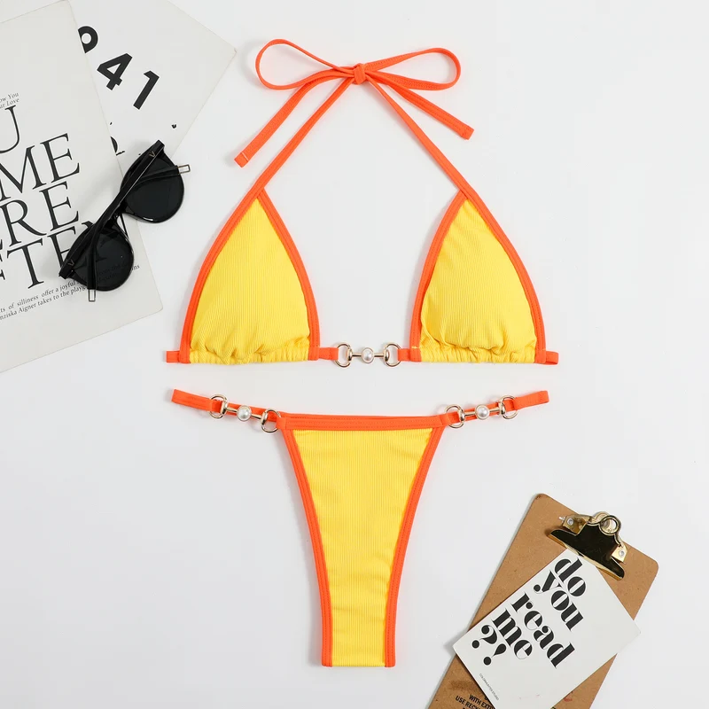 Damen Triangel-Bikini mit modischem Rippdesign und dekorativen Elementen Drune