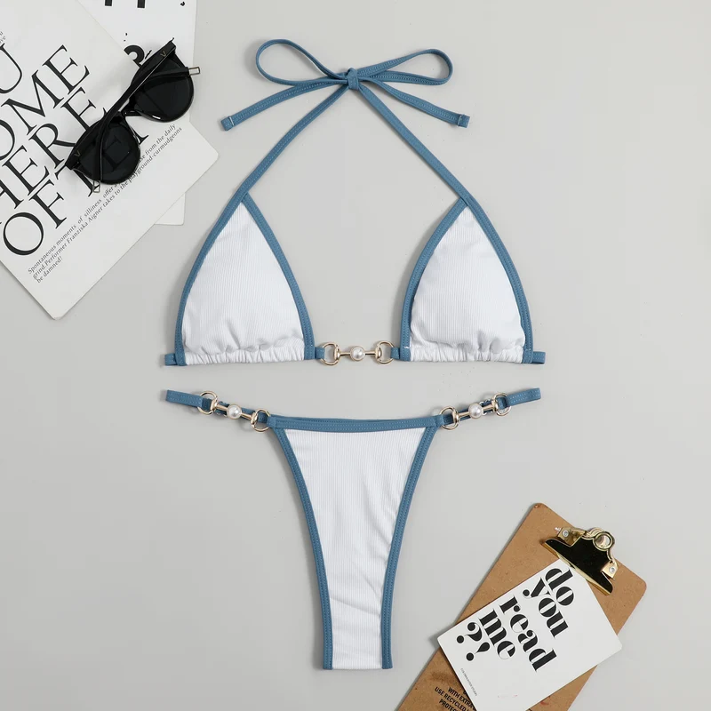 Damen Triangel-Bikini mit modischem Rippdesign und dekorativen Elementen Drune