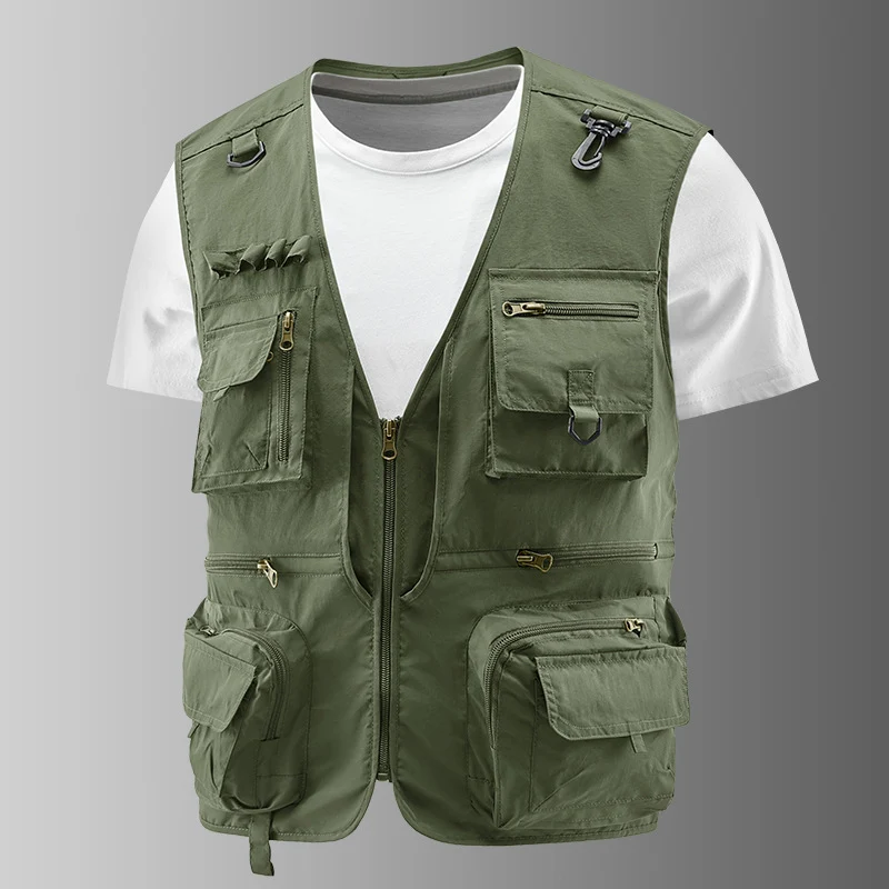 Herren Multifunktionale Outdoor-Utilityweste mit zahlreichen Reißverschlusstaschen, D-Ring und Karabiner Drune