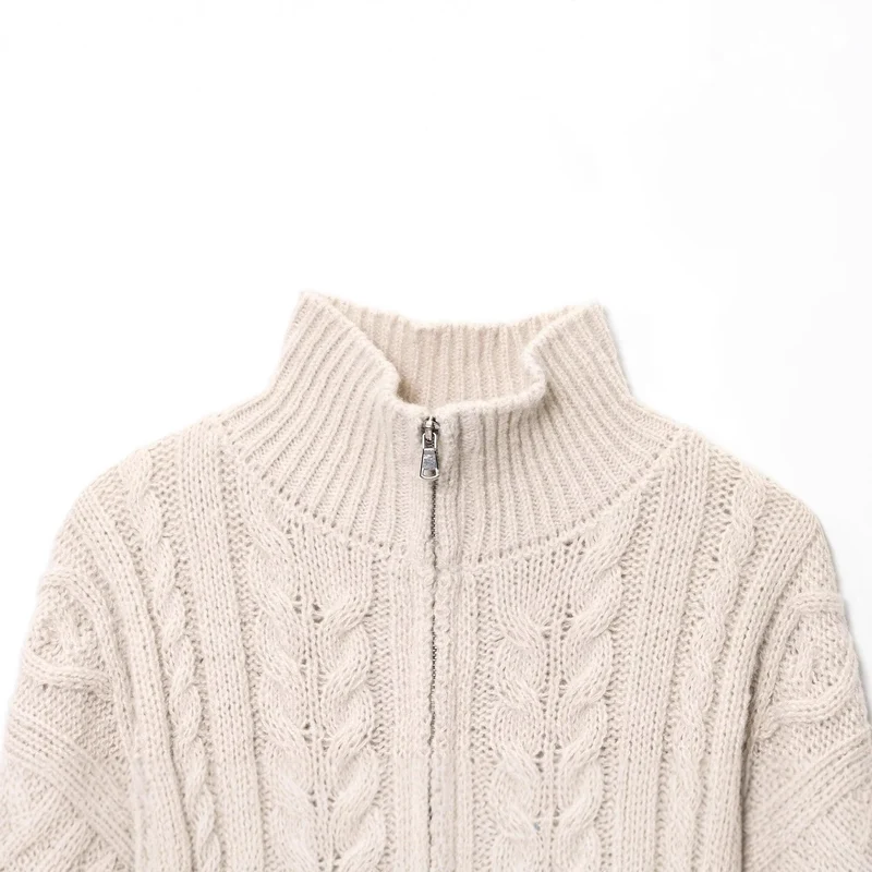 Damen Grobgestrickte Zopfstrick-Cardigan mit Stehkragen und Reißverschluss Drune
