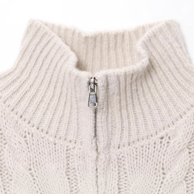 Damen Grobgestrickte Zopfstrick-Cardigan mit Stehkragen und Reißverschluss Drune