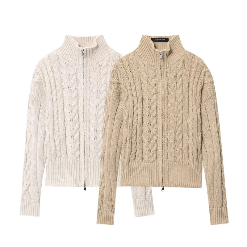Damen Grobgestrickte Zopfstrick-Cardigan mit Stehkragen und Reißverschluss Drune