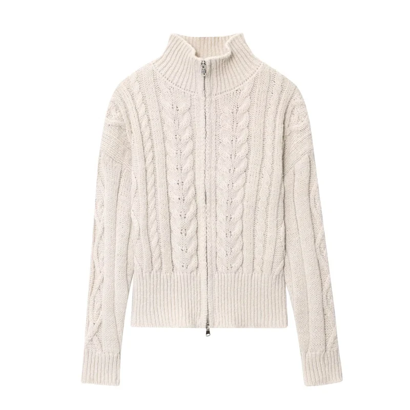 Damen Grobgestrickte Zopfstrick-Cardigan mit Stehkragen und Reißverschluss Drune