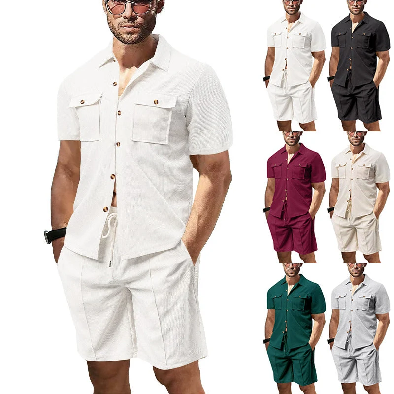 Herren nan modernes Kurzarm-Hemden-Set im Resortstil mit aufgesetzten Pattentaschen, offenem Reverskragen und Kordelzug-Bermuda aus Strukturjersey Drune