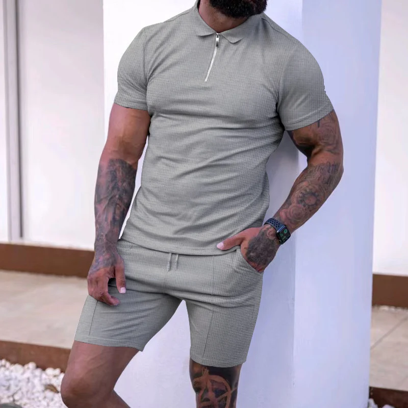 Herren modisches Polo- und Shorts-Set mit strukturiertem Gewebe und funktionalem Reißverschluss Drune