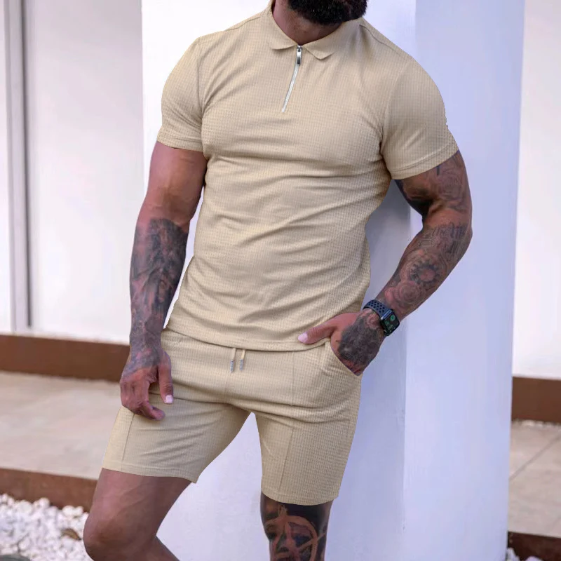 Herren modisches Polo- und Shorts-Set mit strukturiertem Gewebe und funktionalem Reißverschluss Drune
