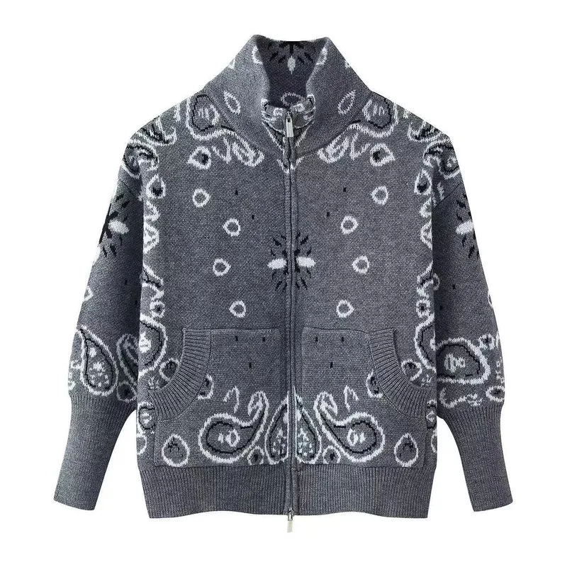 Damen Grobgestrickte Strickjacke mit Reißverschluss, Paisley‑Jacquard und Stehkragen Drune
