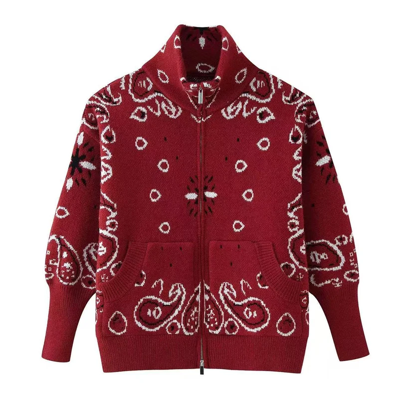 Damen Grobgestrickte Strickjacke mit Reißverschluss, Paisley‑Jacquard und Stehkragen Drune