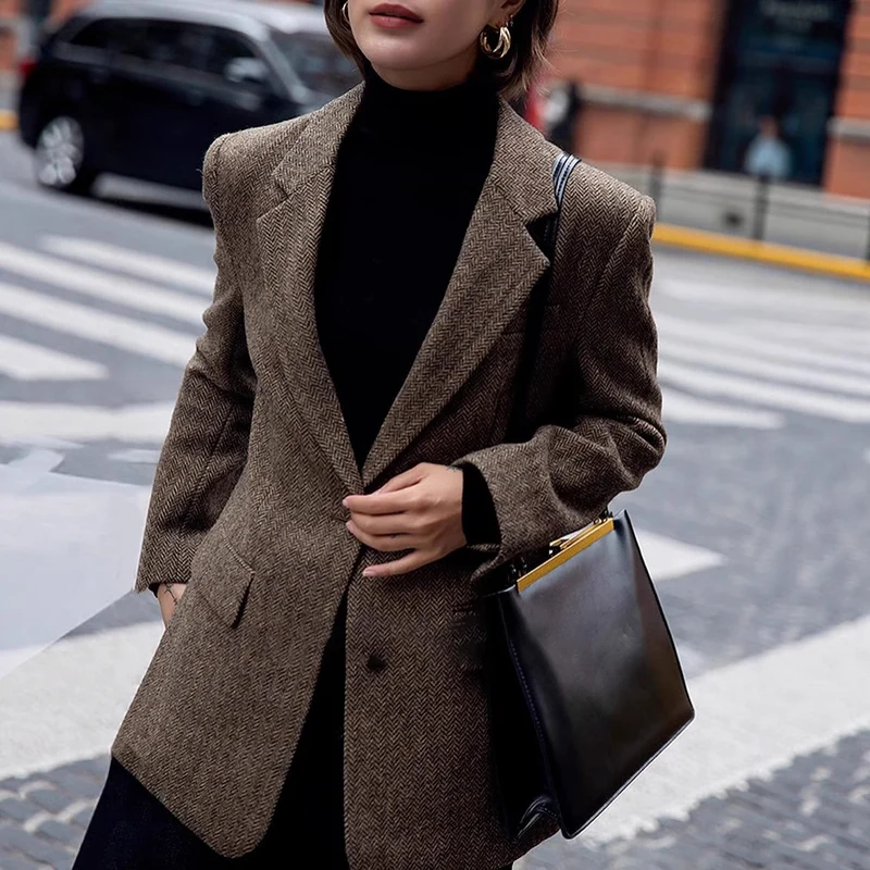 Damen Eleganter Herringbone Blazer Drune