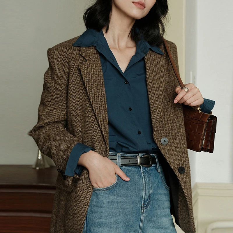 Damen Eleganter Herringbone Blazer Drune