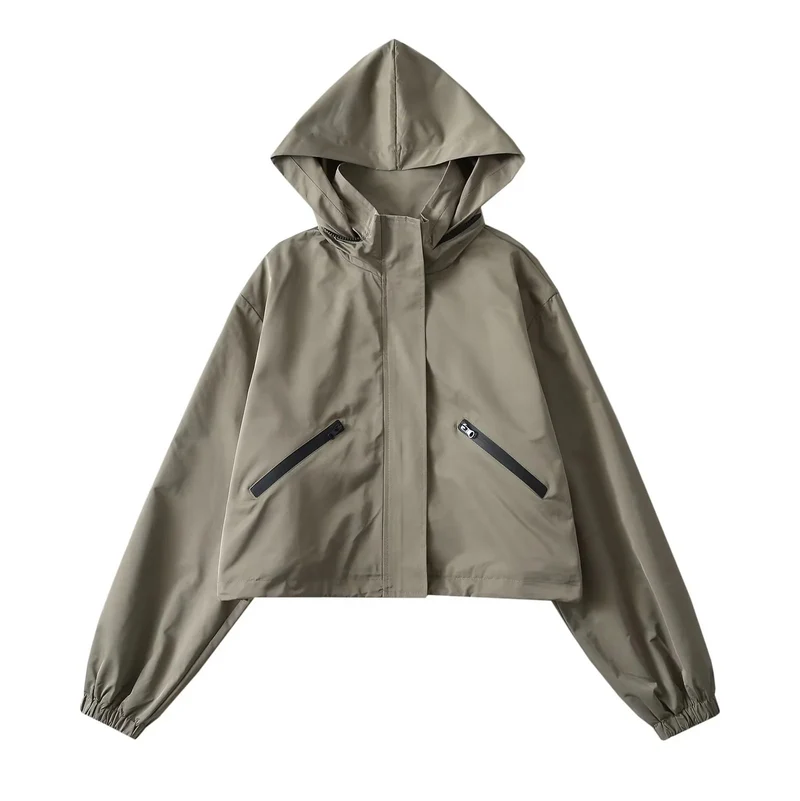 Damen Cropped Regenjacke mit Kapuze, wasserabweisender Tech‑Qualität und schrägen Reißverschlusstaschen Drune