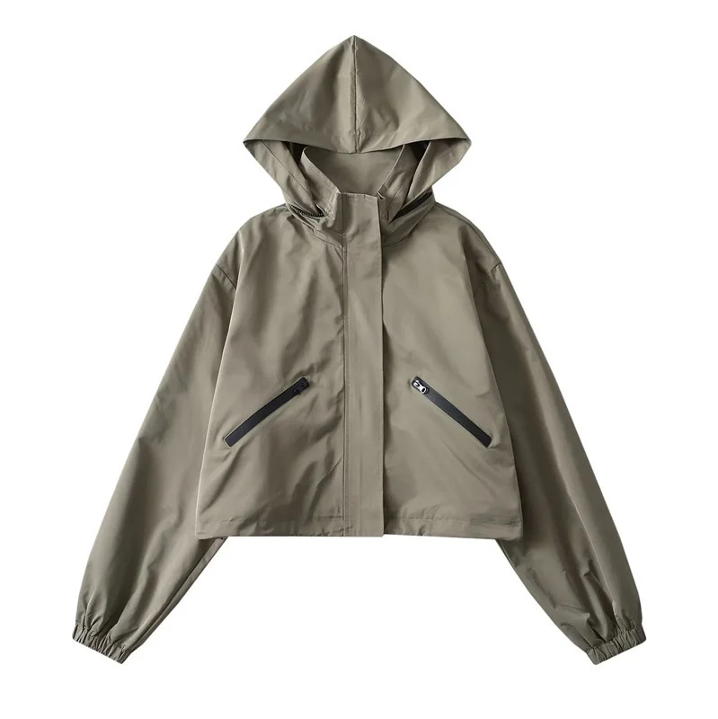 Damen Cropped Regenjacke mit Kapuze, wasserabweisender Tech‑Qualität und schrägen Reißverschlusstaschen Drune