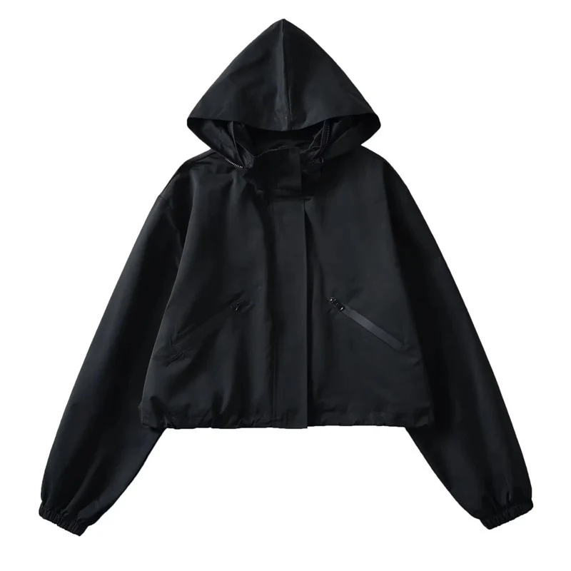 Damen Cropped Regenjacke mit Kapuze, wasserabweisender Tech‑Qualität und schrägen Reißverschlusstaschen Drune