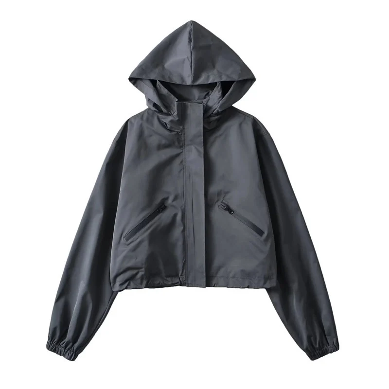 Damen Cropped Regenjacke mit Kapuze, wasserabweisender Tech‑Qualität und schrägen Reißverschlusstaschen Drune