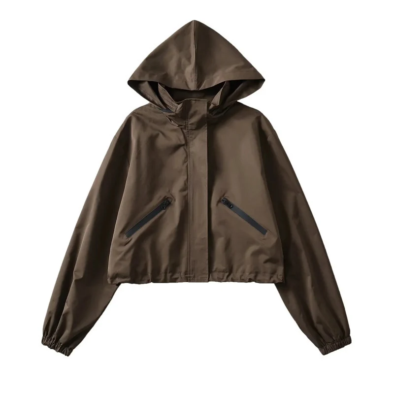 Damen Cropped Regenjacke mit Kapuze, wasserabweisender Tech‑Qualität und schrägen Reißverschlusstaschen Drune