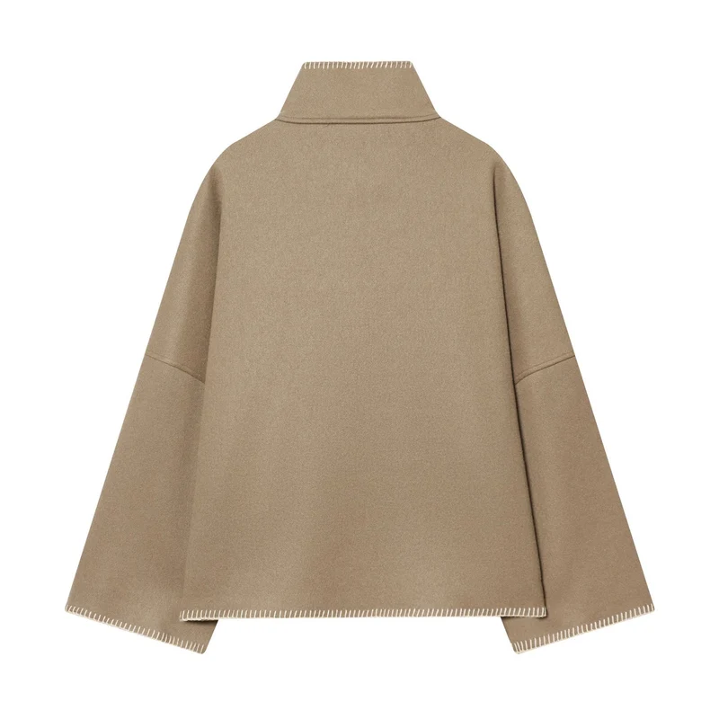 Damen nan kastiges Wollcape mit hohem Stehkragen, asymmetrischer Knopfleiste und Ziernaht Drune